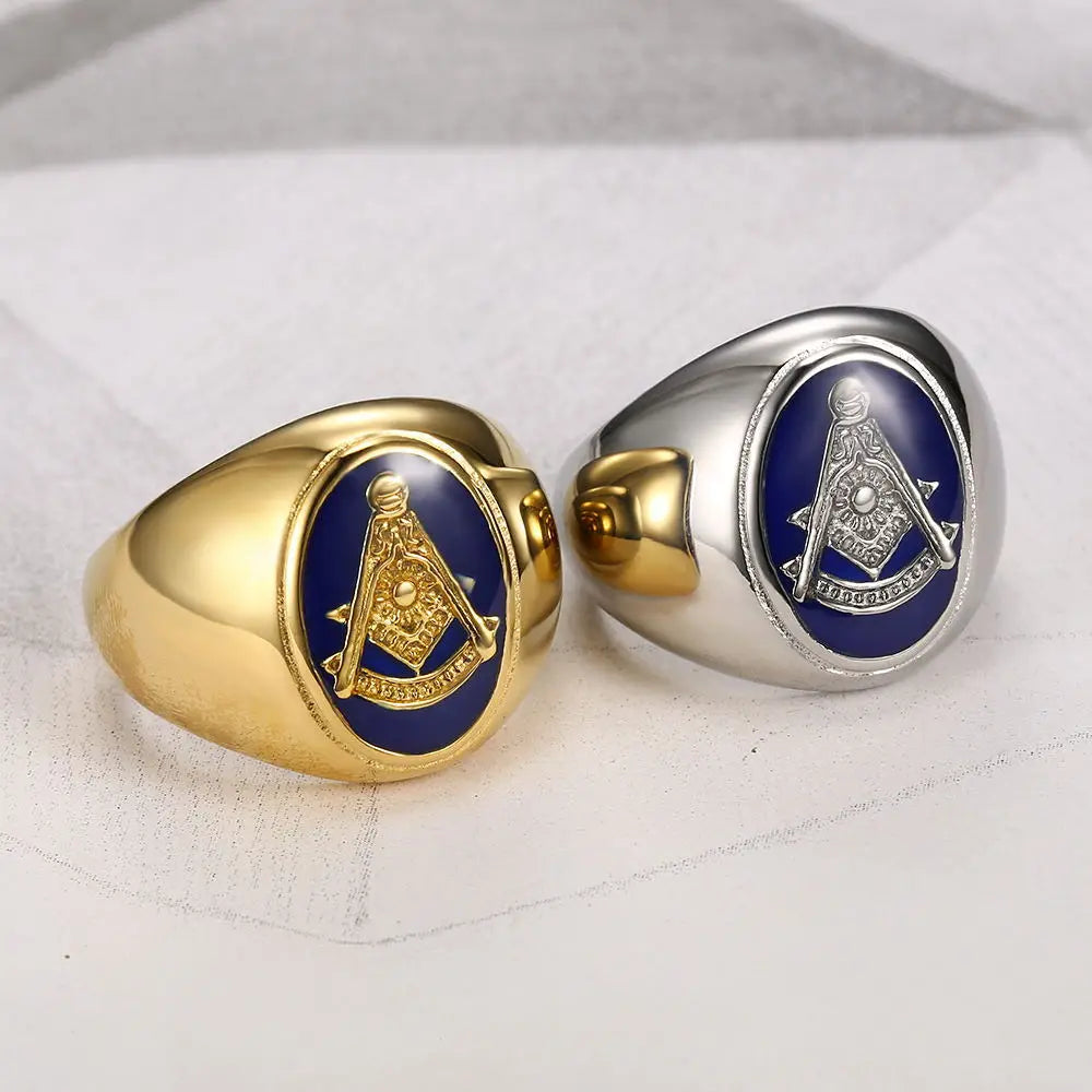 Two blue oval Past Master rings in contrasting finishes