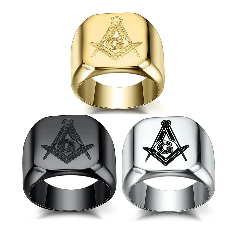 Gold-tone black and silver-tone polished cushion Masonic rings