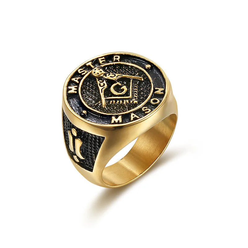 Gold-tone round Master Mason ring with black inscribed face