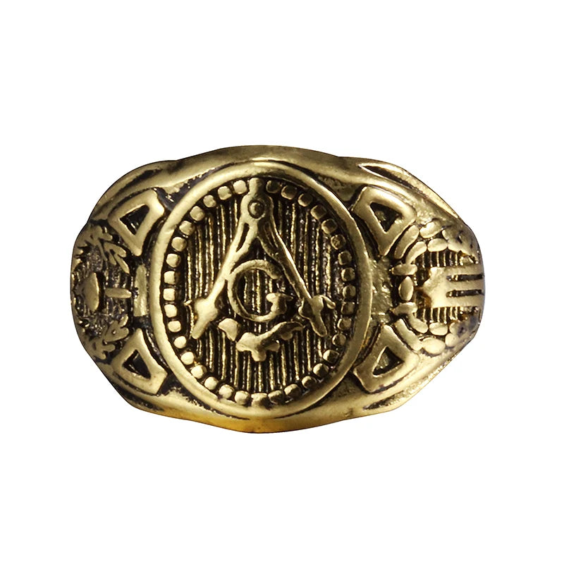 Front of gold-tone oval relief Masonic ring