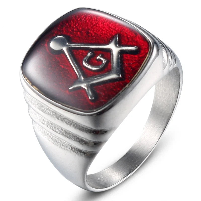 Silver-tone Masonic signet with red face