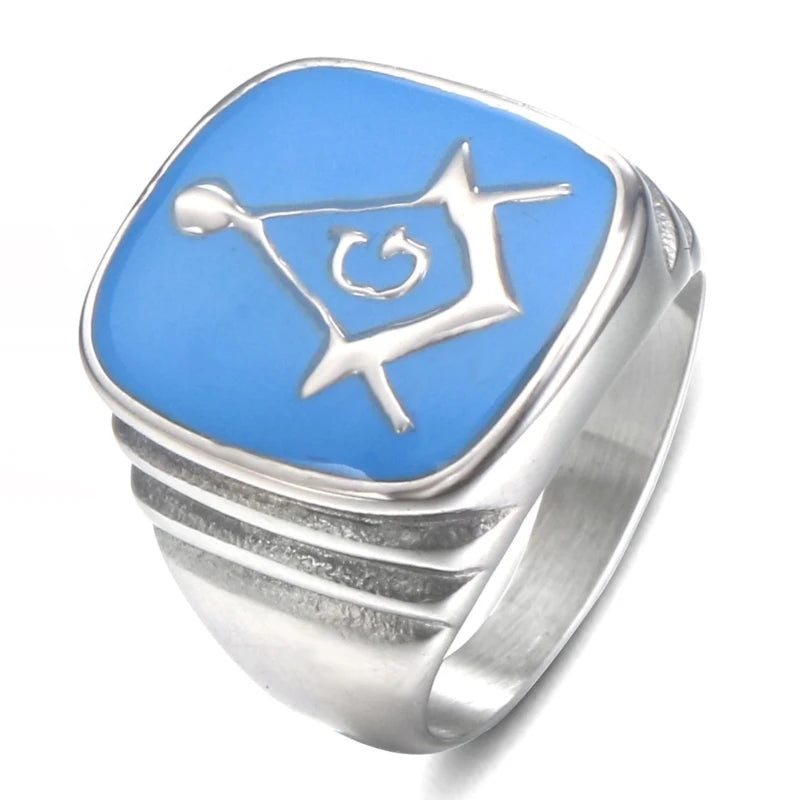 Silver-tone blue Masonic signet with raised emblem