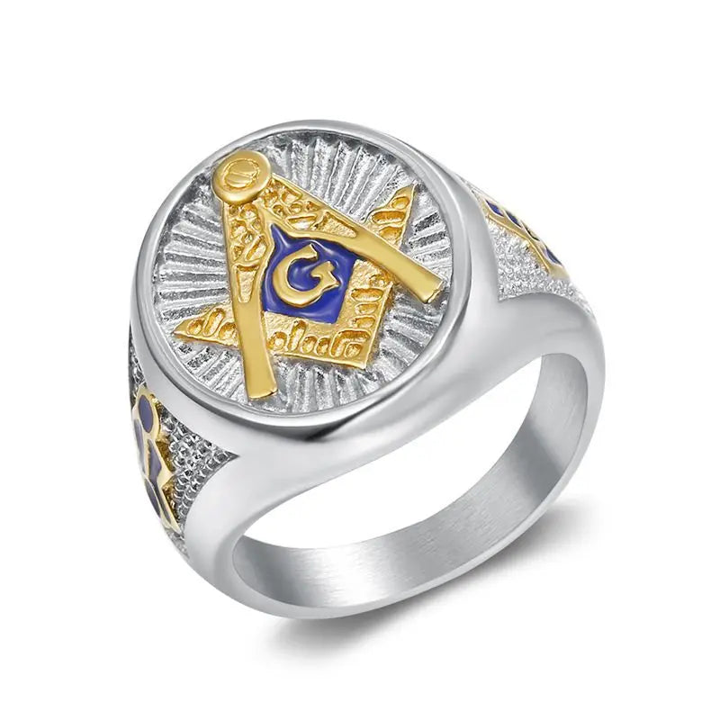 Two-tone oval Masonic ring with silver sunburst face and blue G detail