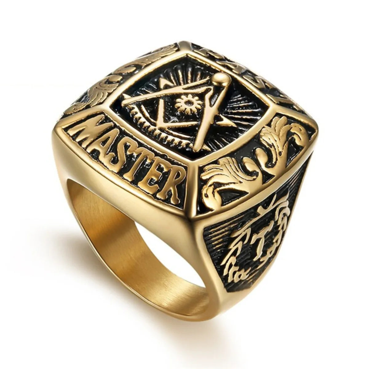 Gold-tone Past Master ring with square sunburst face and raised lettering