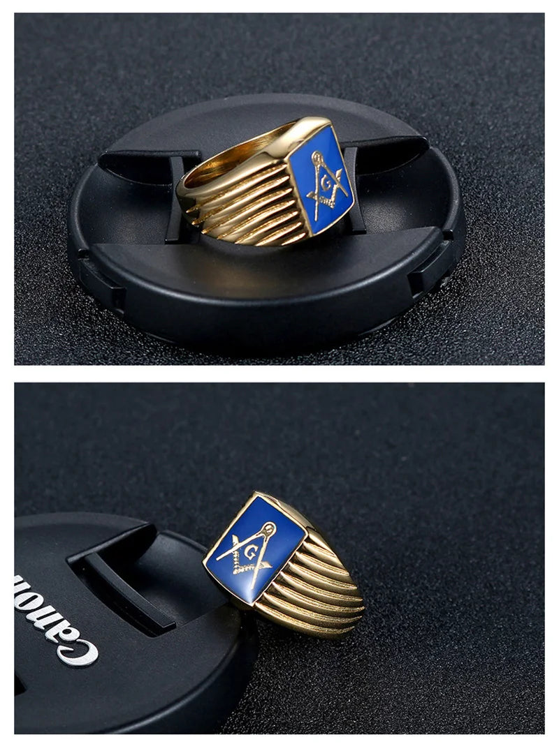 Two-angle display of ribbed blue Masonic ring on lens cap