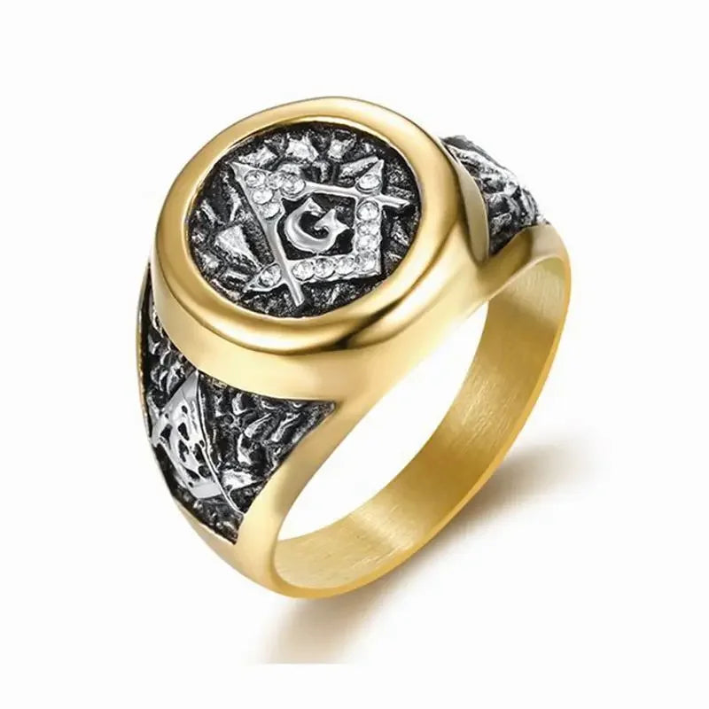 Two-tone round Masonic signet with clear decorative stones