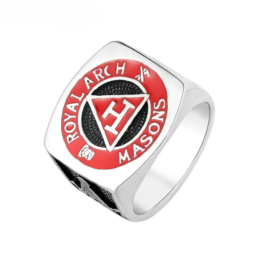 Silver-tone Royal Arch Masons ring with red border and Triple Tau