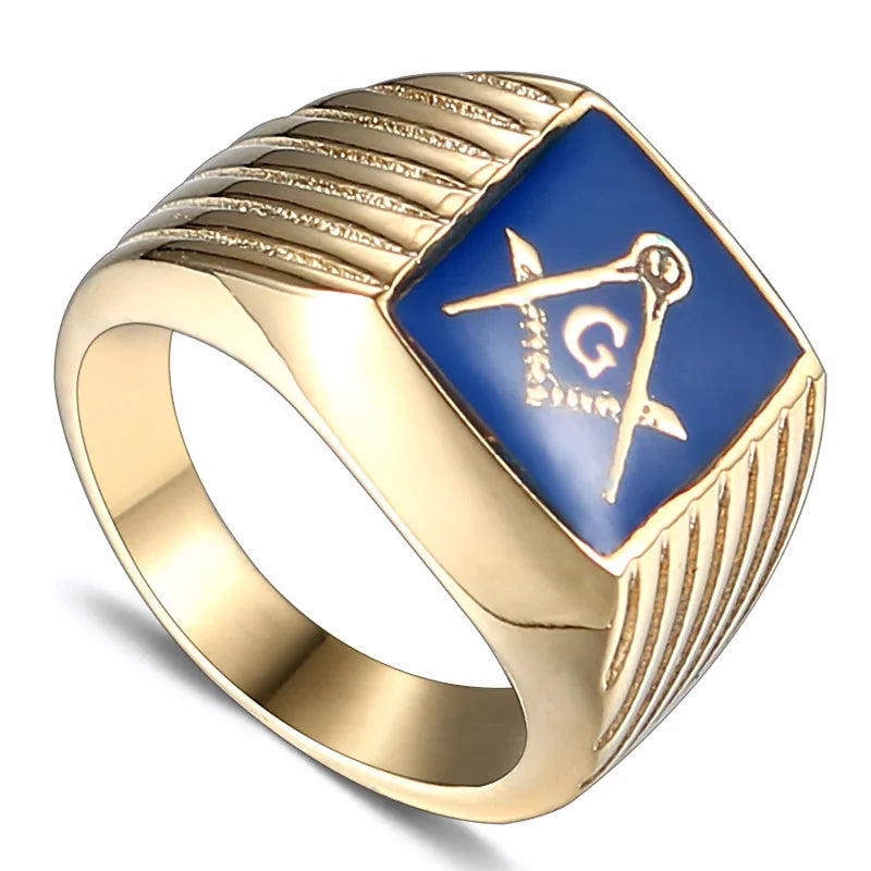 Angled gold-tone blue Masonic ring showing band interior
