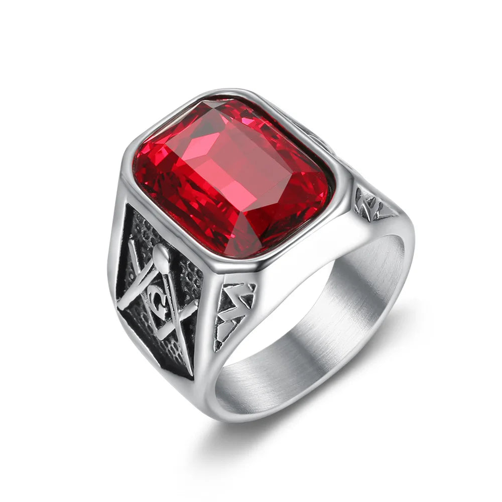 Silver-tone Masonic ring with red rectangular faceted stone