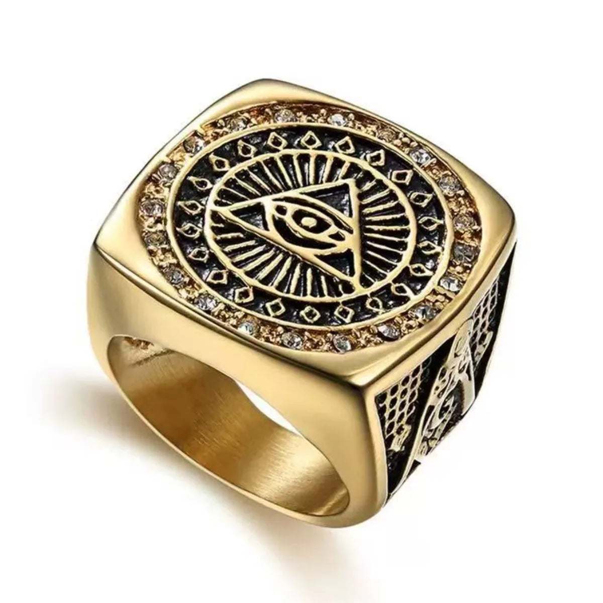 Gold-tone All-Seeing Eye ring with triangle sunburst face and patterned rim