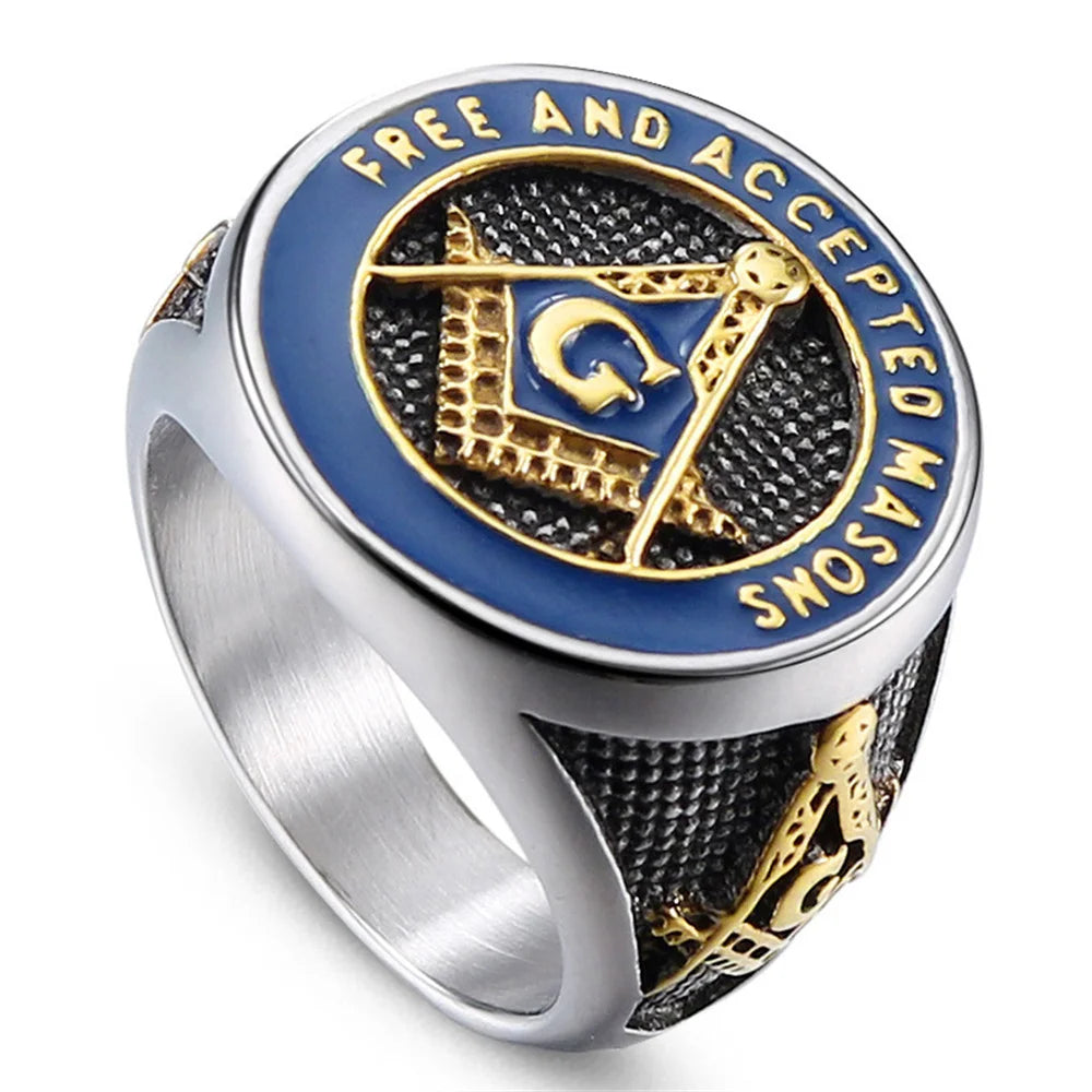 Angled Free and Accepted Masons ring with gold-tone shoulder accents