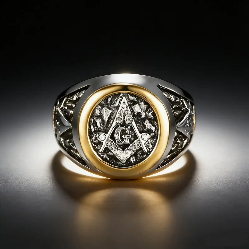 Round stone-set Masonic ring on reflective dark surface