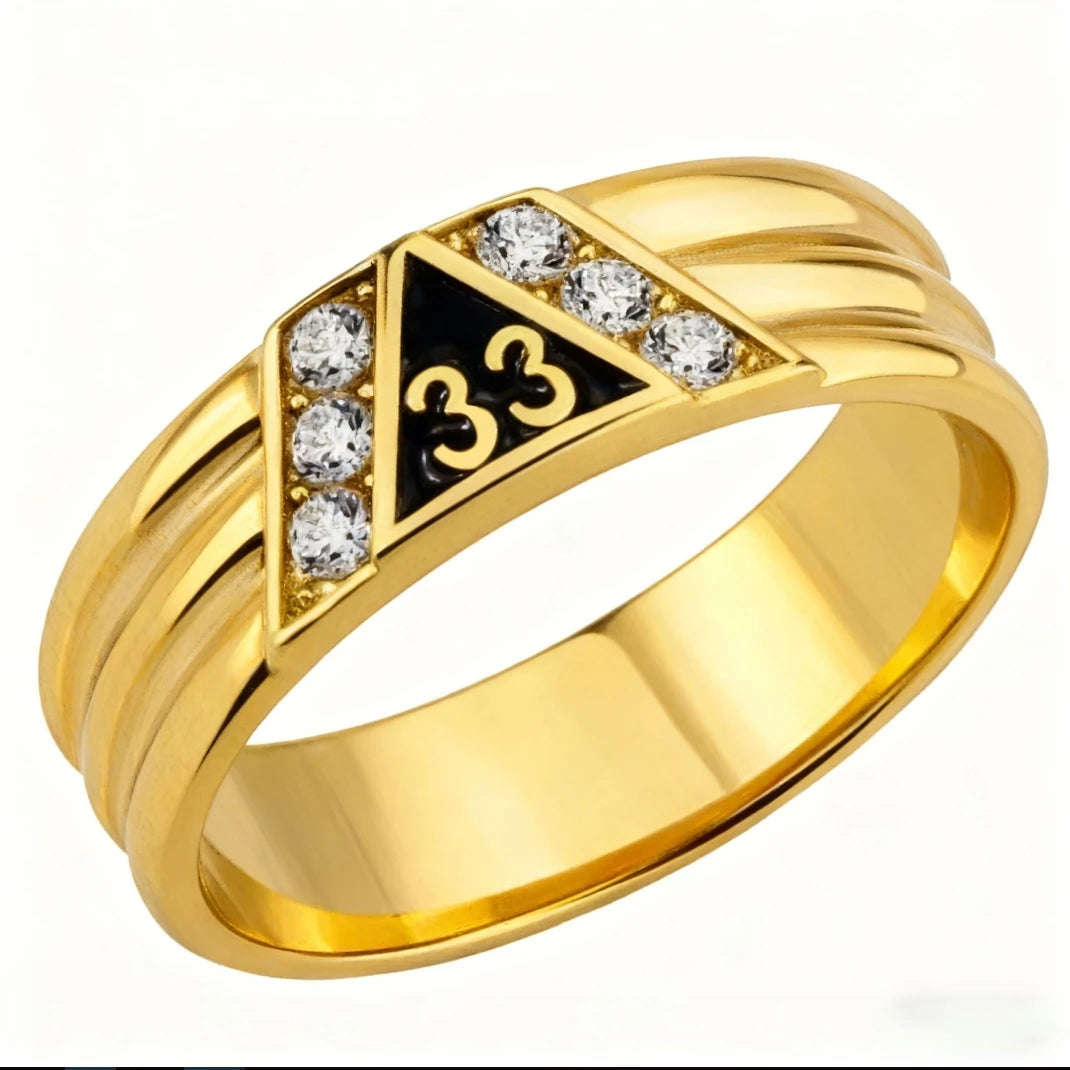 Gold-tone Scottish Rite ring with stone-bordered 33 triangle