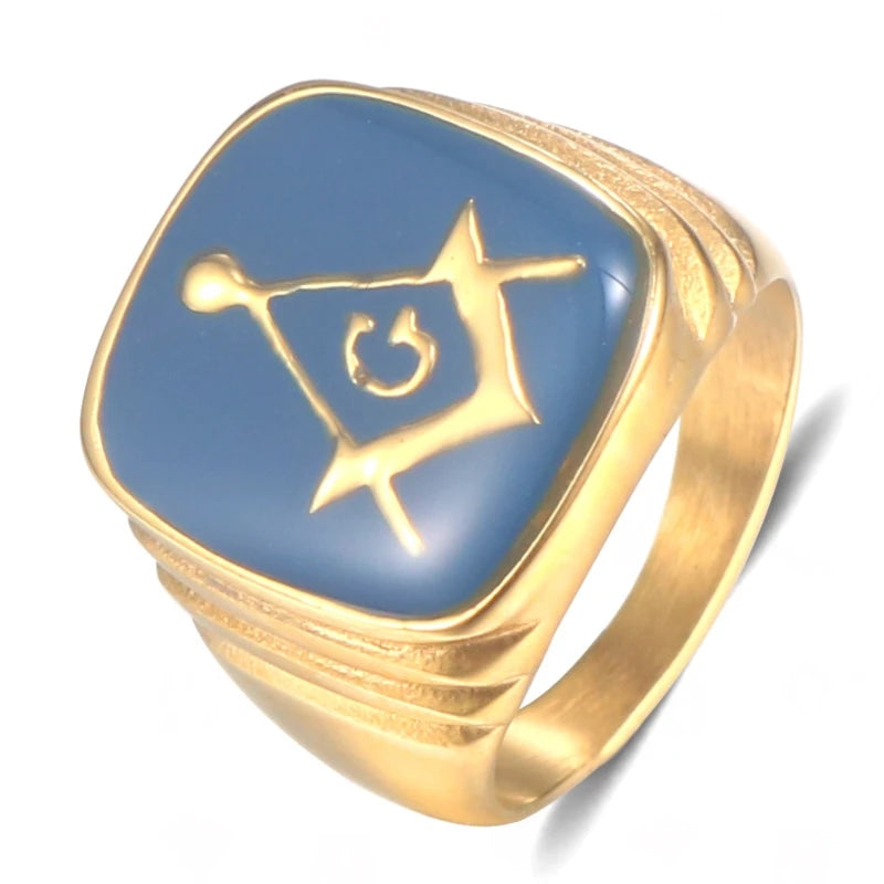 Gold-tone blue Masonic signet with grooved shoulders