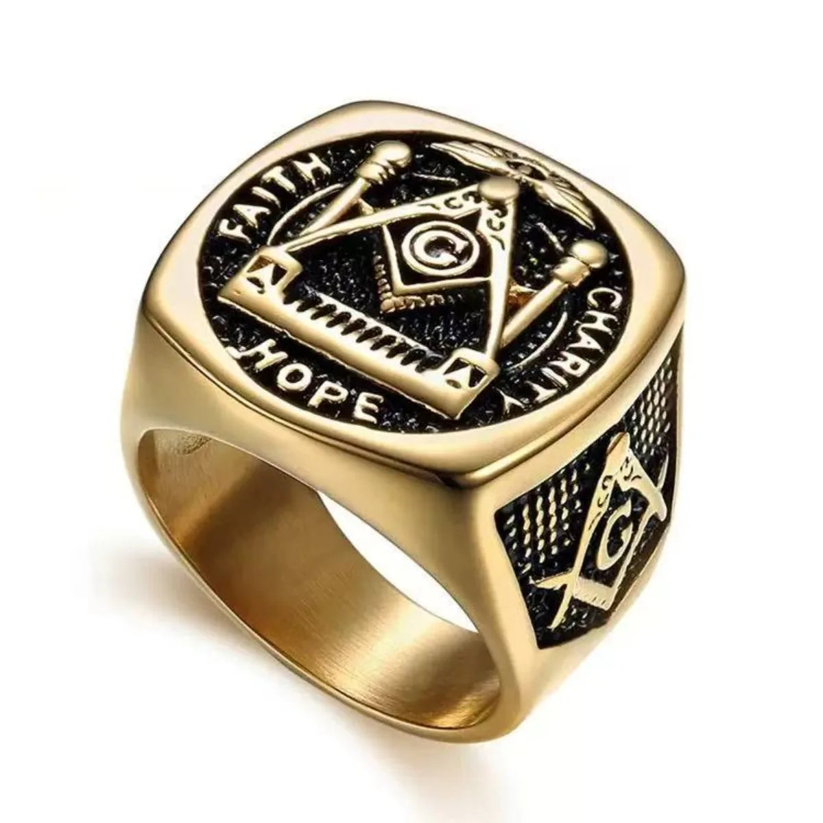 Gold-tone Masonic ring inscribed Faith Hope Charity around the central emblem