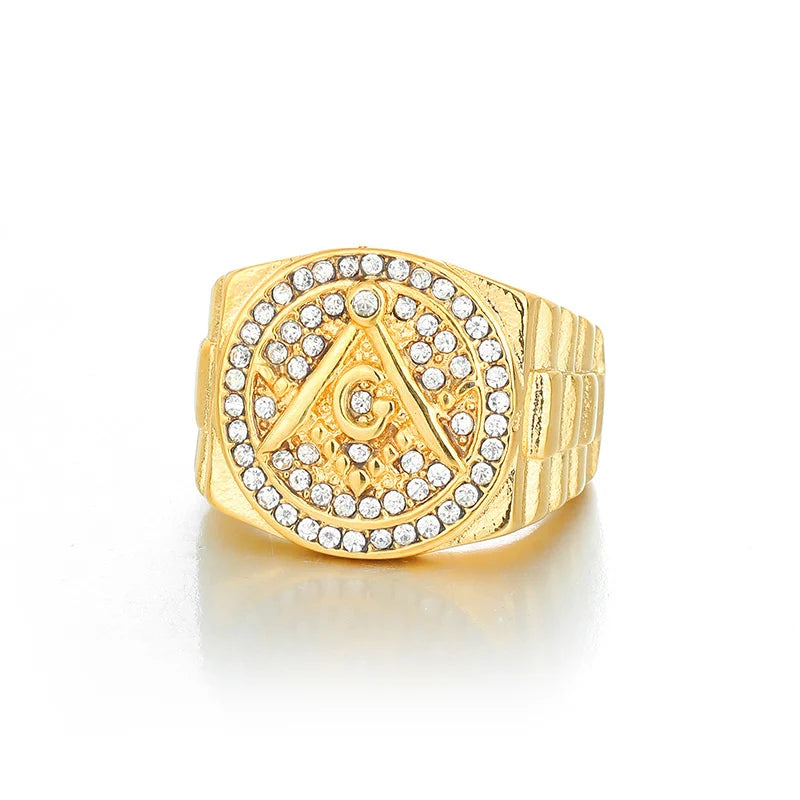 Gold-tone Masonic statement ring with clear-stone halo