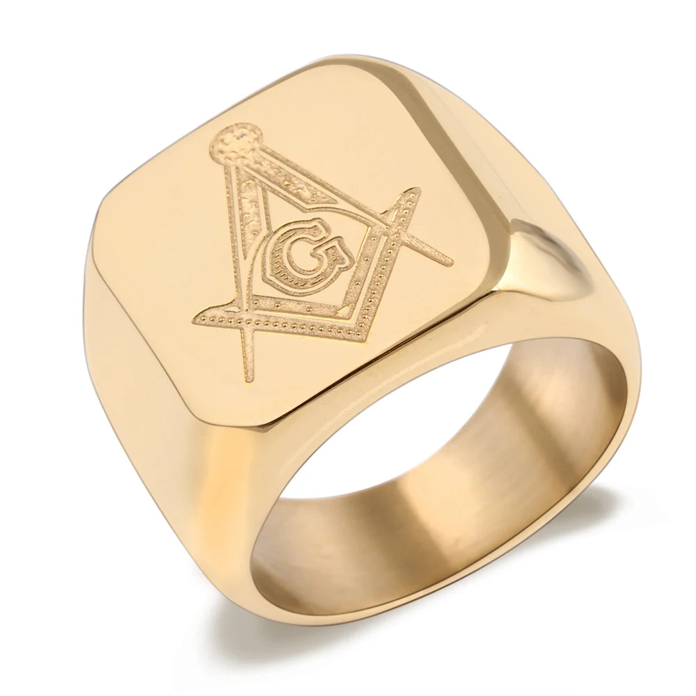 Angled gold-tone polished Masonic signet