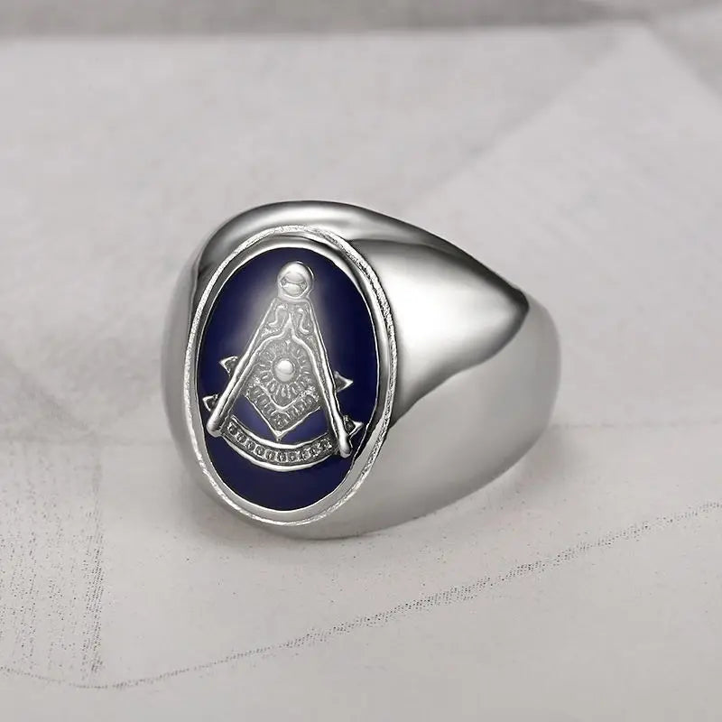 Angled silver-tone Past Master signet with blue face