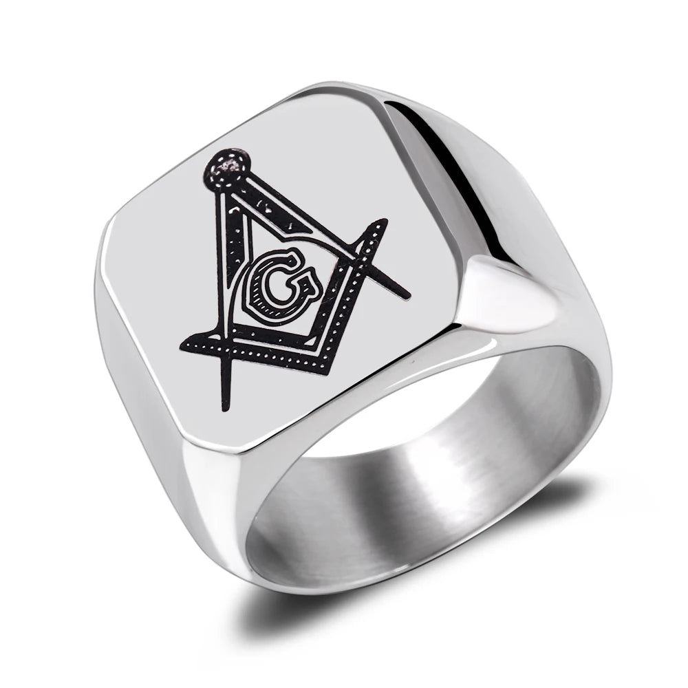 Angled silver-tone polished Masonic signet