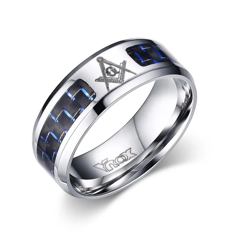 Silver-tone Masonic band with dark blue carbon-fiber inlay