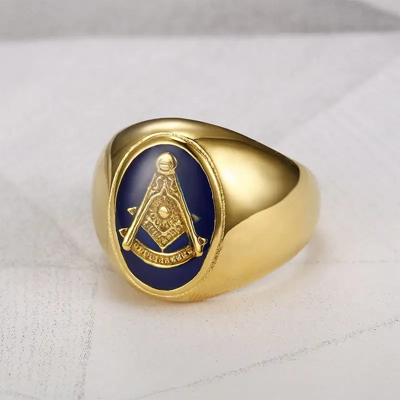 Angled gold-tone Past Master signet with blue face