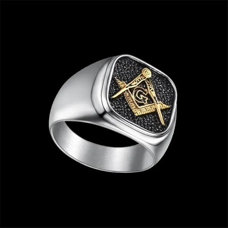 Angled silver-tone Masonic signet with textured black inset