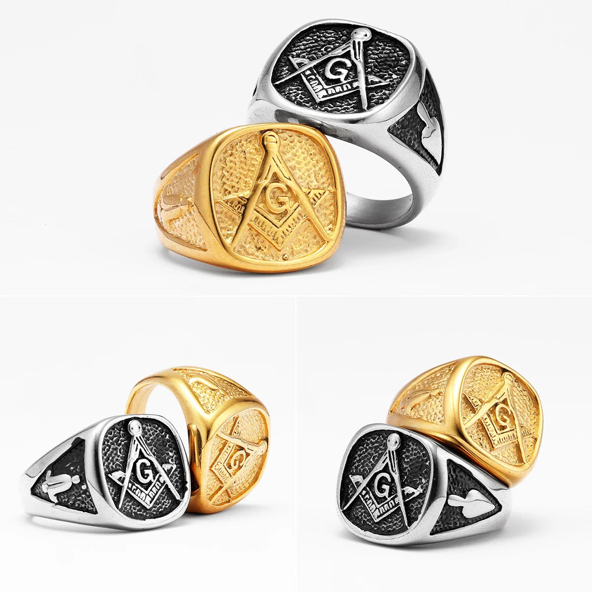 Gold-tone and silver-tone cushion-face Masonic rings