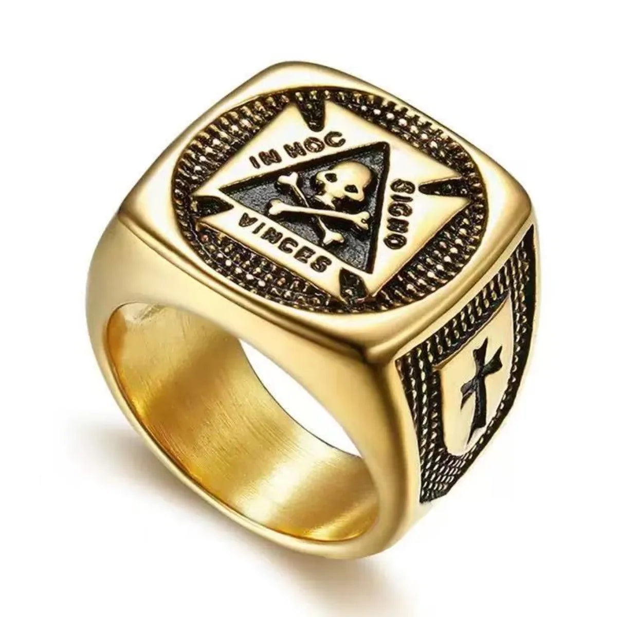 Gold-tone Knights Templar ring with In Hoc Signo Vinces motto and skull triangle