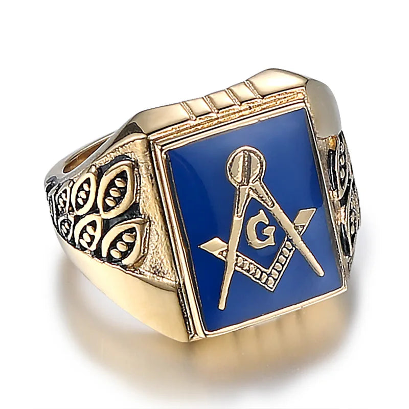 Front of blue Masonic signet and scroll-like shoulder detail