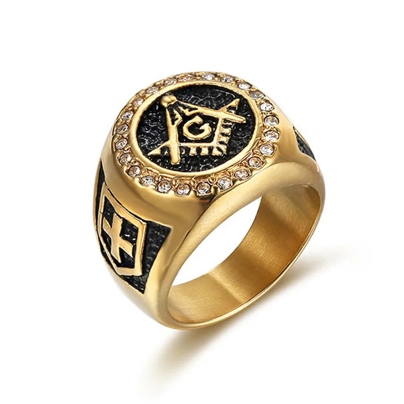 Gold-tone Masonic ring with black round face and clear halo