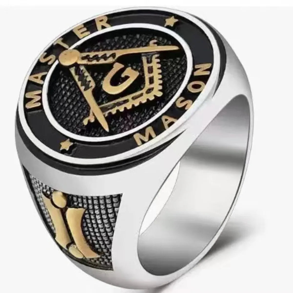 Two-tone Master Mason ring with black medallion and gold-tone lettering