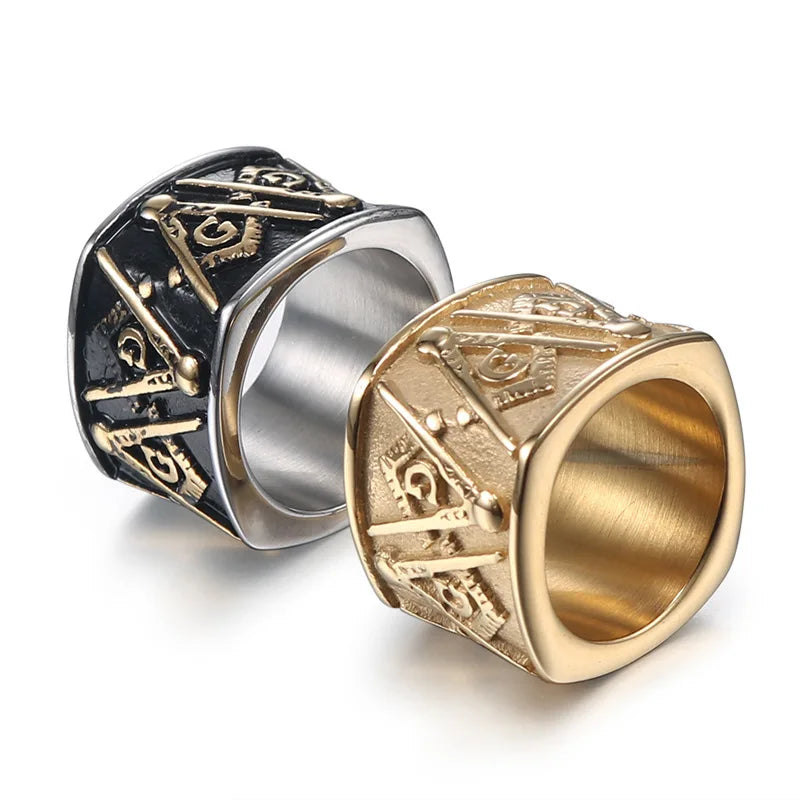 Gold-tone and silver-tone wide Masonic bands with repeated emblems