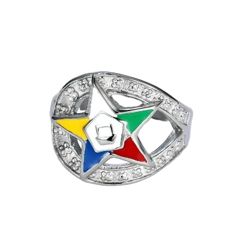 Silver-tone Eastern Star ring with openwork oval frame and clear accents