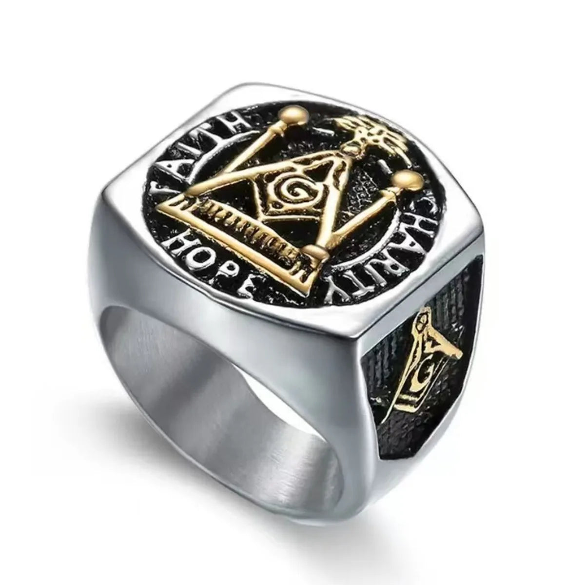 Two-tone Masonic ring with Faith Hope Charity lettering and gold-tone emblem