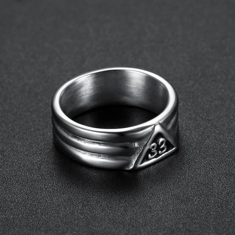 Silver-tone triple-ridge Scottish Rite ring with black 33 triangle