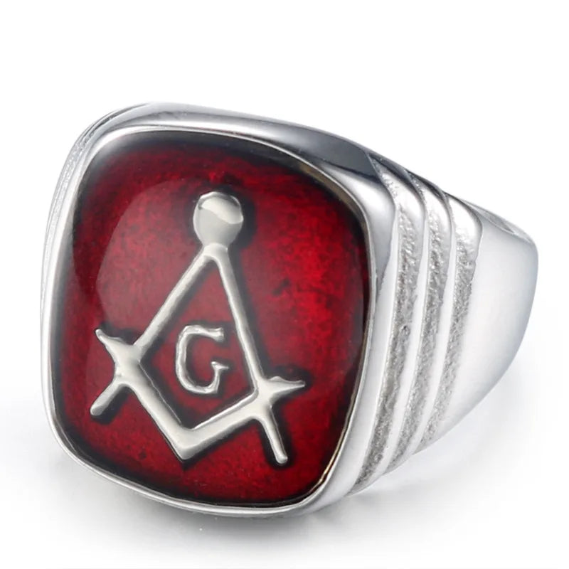 Front of silver-tone red Masonic signet