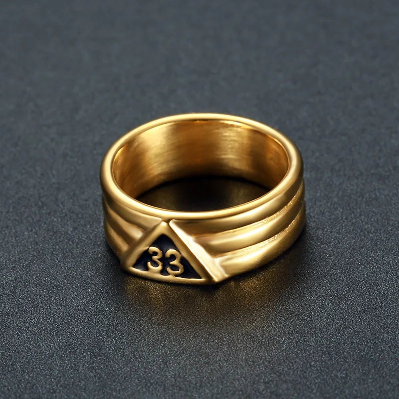 Gold-tone triple-ridge Scottish Rite ring with triangular 33 emblem