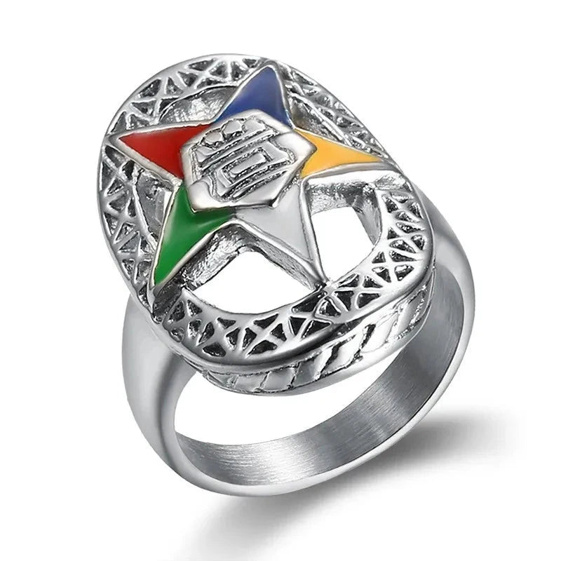 Silver-tone Eastern Star ring with elongated geometric openwork frame