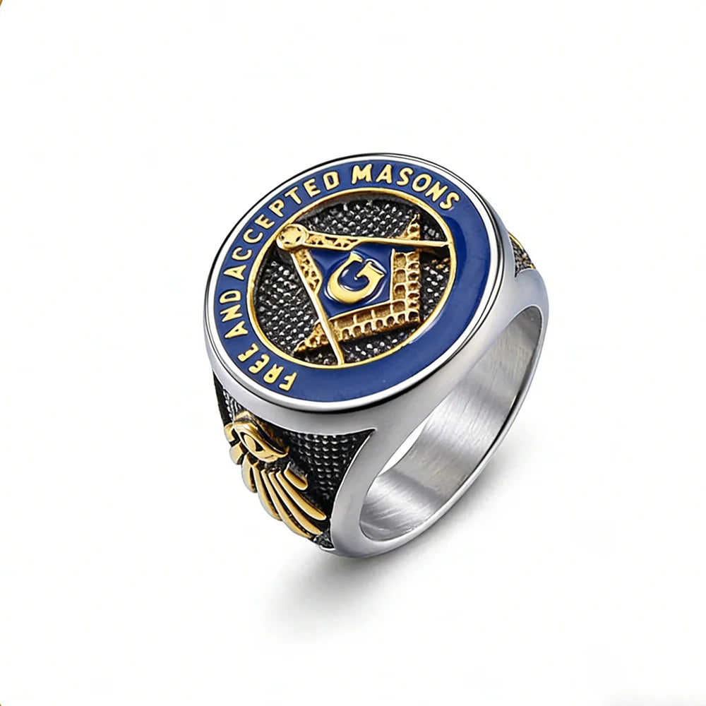 Silver-tone Masonic ring with blue Free and Accepted Masons border