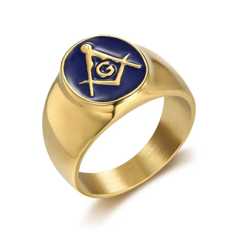 Gold-tone Masonic ring with oval blue emblem face