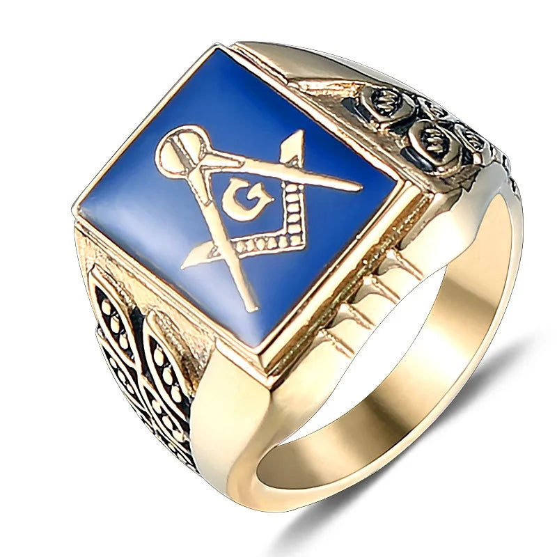 Gold-tone blue square Masonic ring with ornamental shoulders