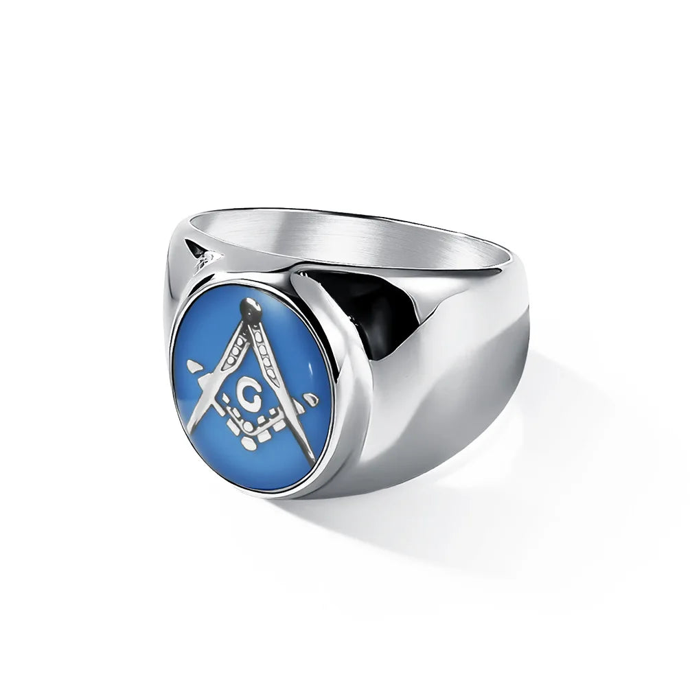Silver-tone blue Masonic ring with matching emblem