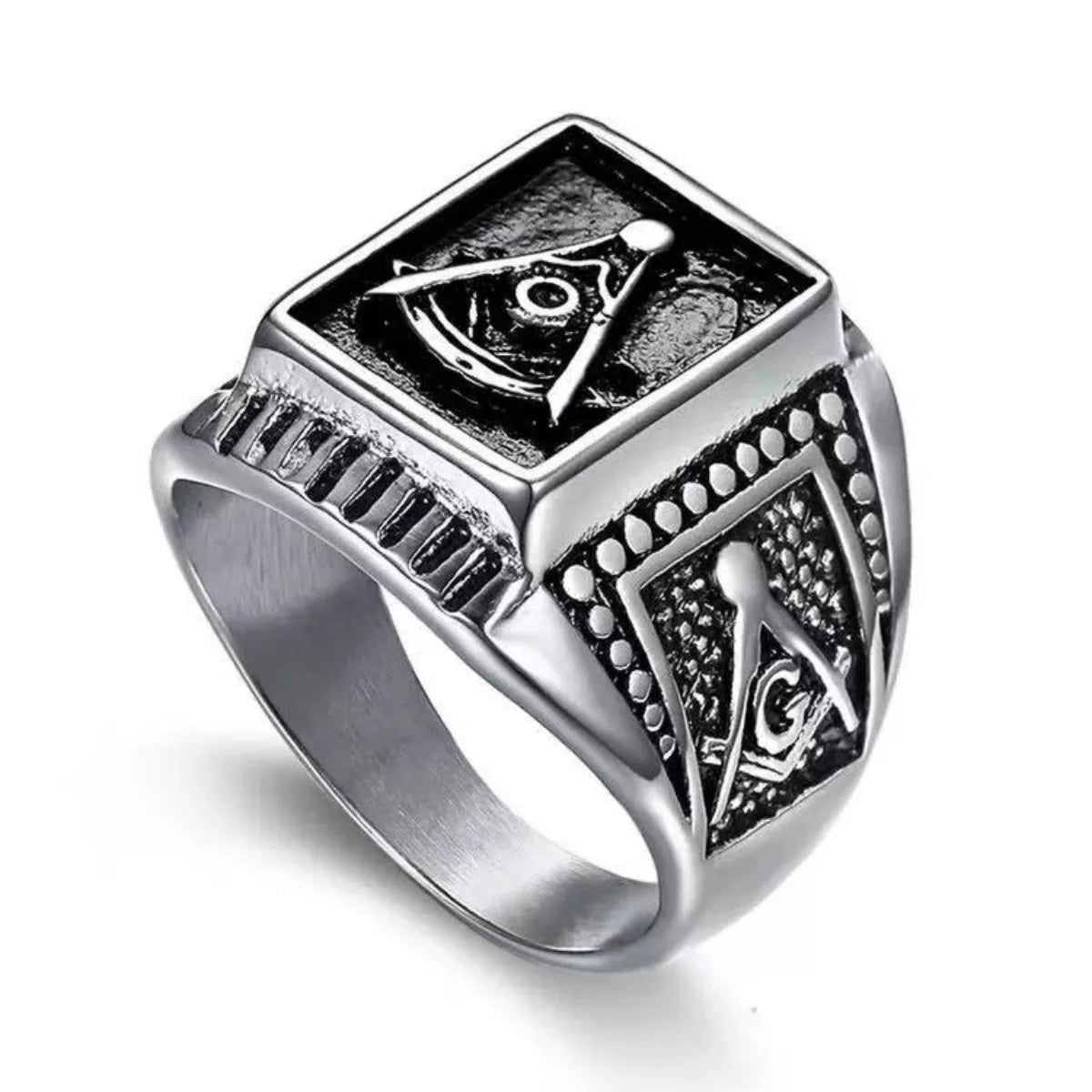 Antiqued silver-tone square Masonic ring with beaded shoulder borders