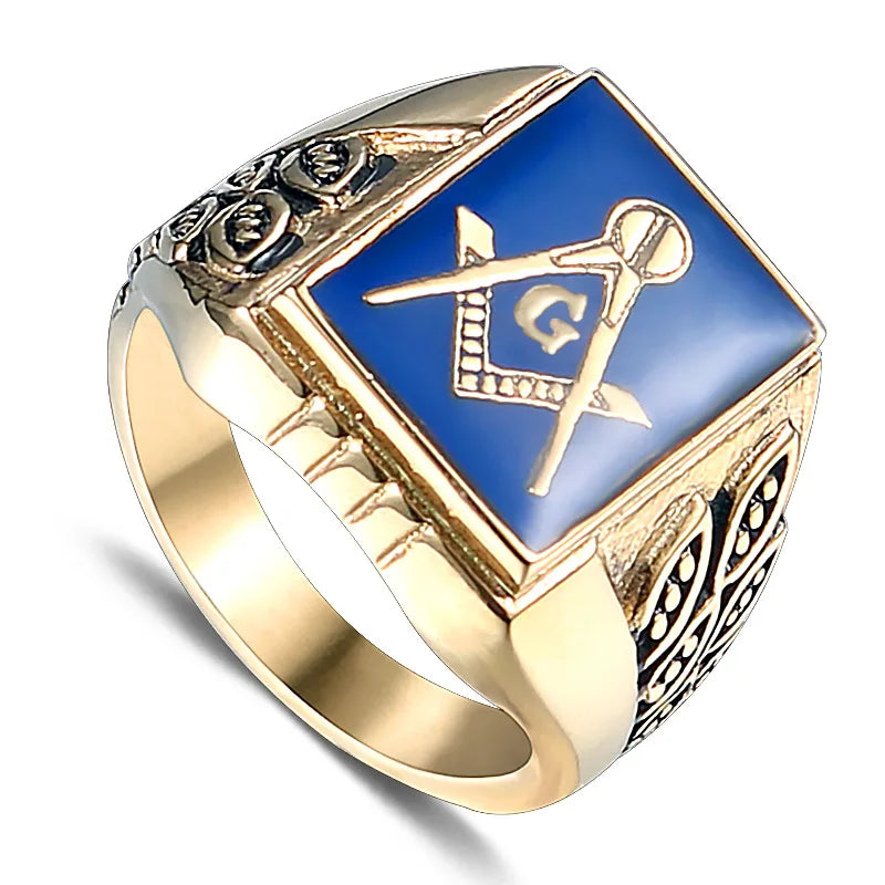 Opposite angle of gold-tone blue square Masonic ring