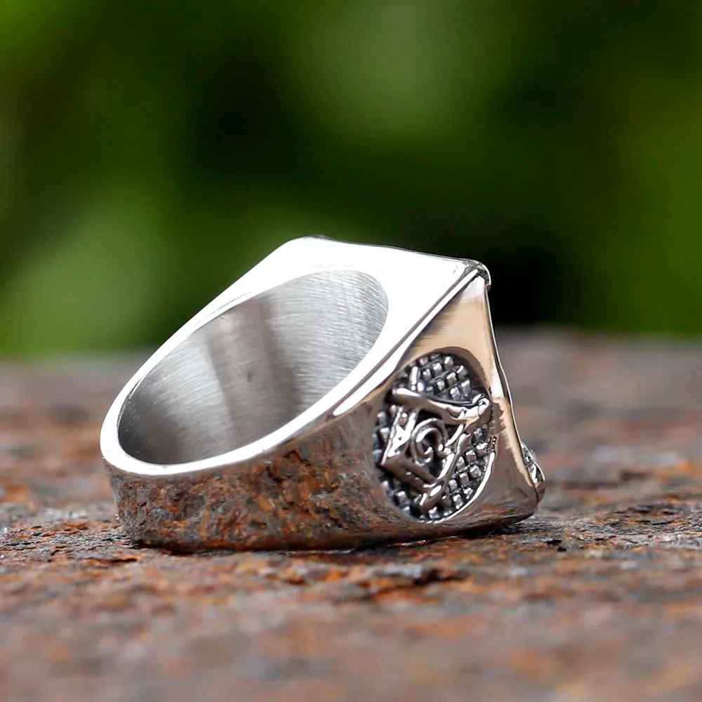 Opposite shoulder of silver-tone Masonic pillar ring