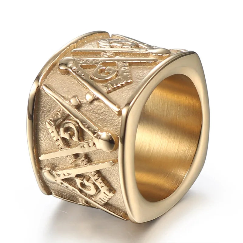 Gold-tone wide Masonic band with repeating Square and Compasses