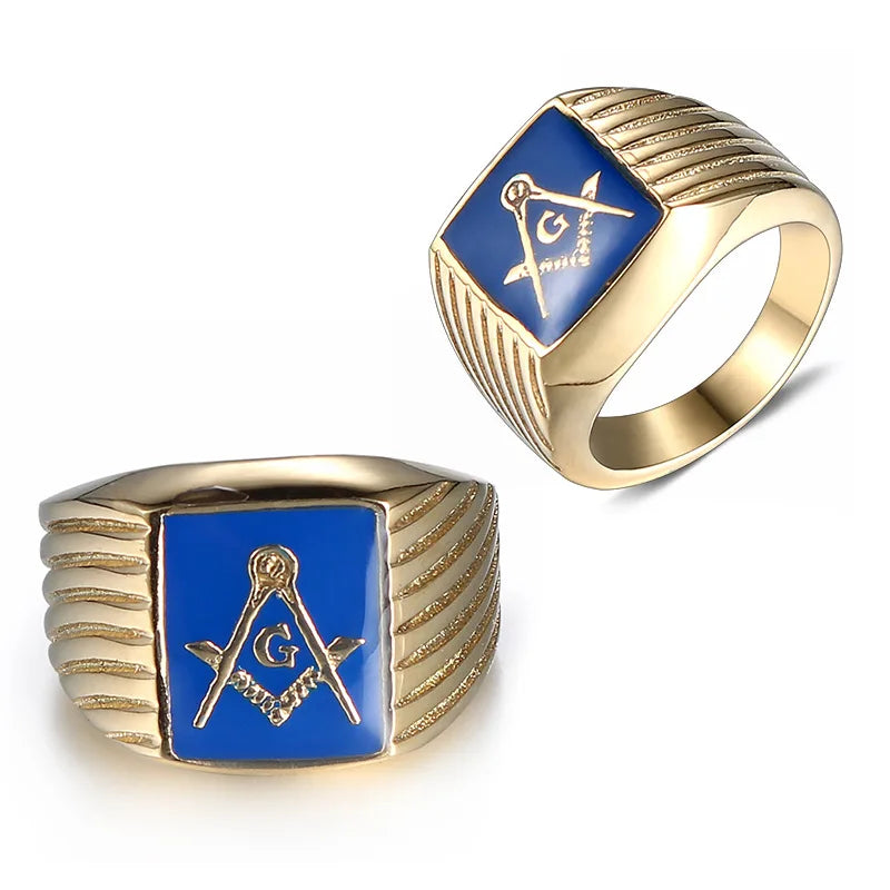 Two views of gold-tone blue square Masonic ring with ribbed shoulders