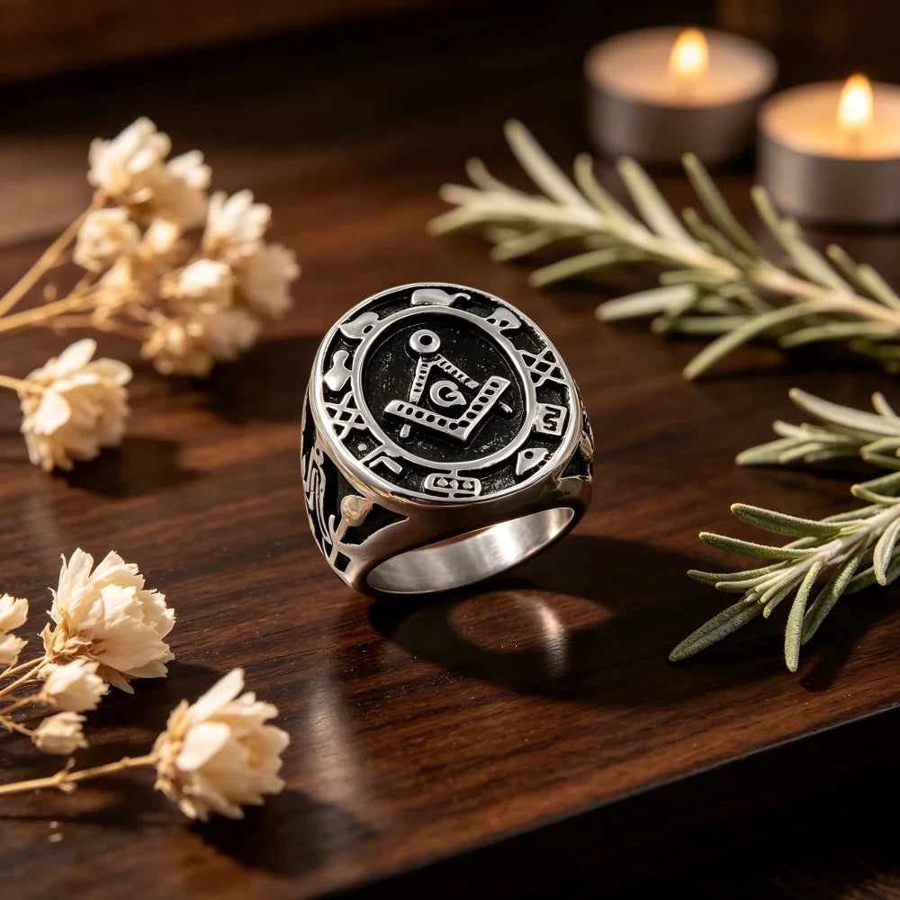 Vintage-style Masonic signet beside flowers and candles