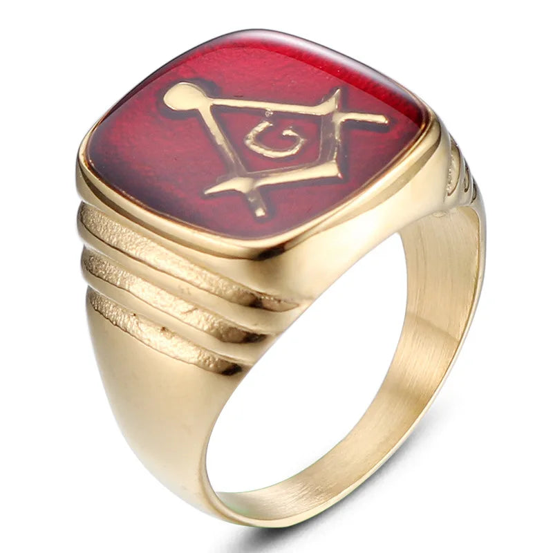 Angled gold-tone Masonic ring with red face