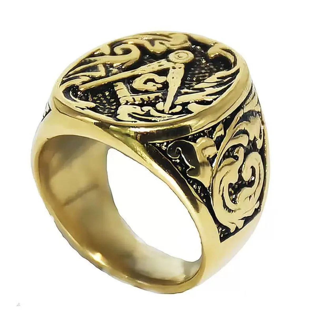 Gold-tone oval Masonic ring with foliate decoration and scroll shoulders
